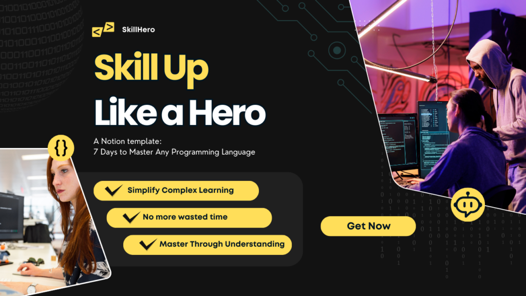 Marketing banner for SkillHero's programming template showing workspace scenes and highlighting three learning benefits against a dark background with binary code elements and circuit patterns.