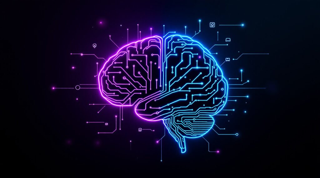 SkillHero.tech branded illustration featuring a wireframe brain transitioning from neural patterns to circuit designs, representing the journey of learning to code through Skill Hero's learning platform.